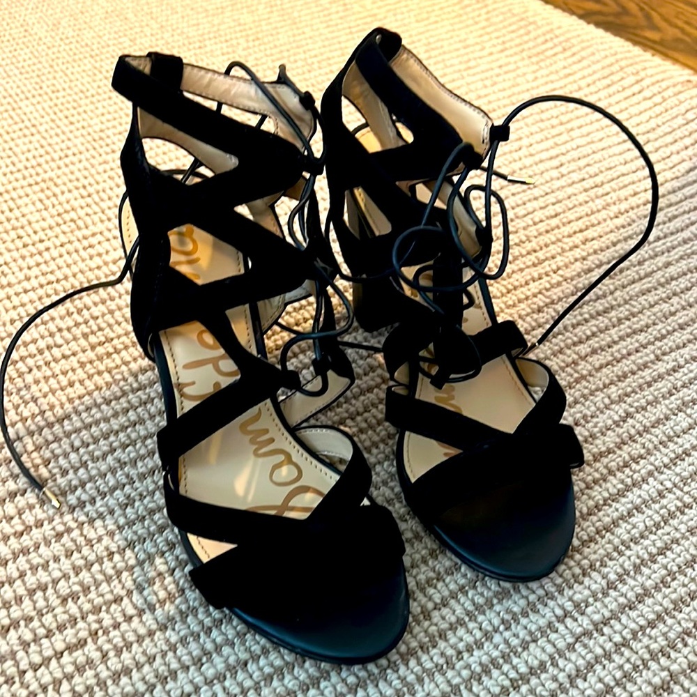 Sam Edelman black suede lace up heels 3 in